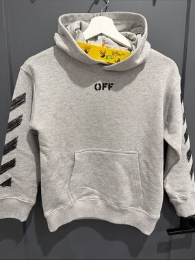 NWT Off-White Kids Gray Hoodie with Black Sleeve Stripes Size S (8)
